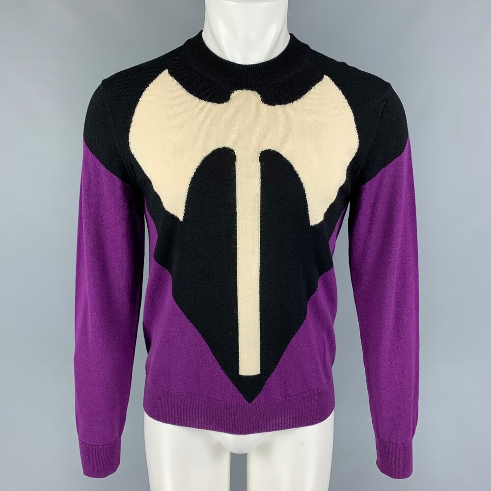 VETEMENTS x COMME SS17 Size M Black Purple Graphic Wool Crew-Neck Pullover